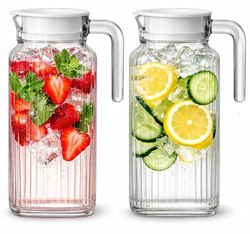 Fridge Jug 1.7L Glass Water Jug with Lid (2 Pack) - Clear Water Pitcher with Ribbed Design & Handle for Fridge Shelf & Everyday Use with Vented Spout - Juices, Pimms & Picnics