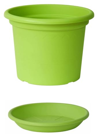 Euro3plast Blumentopf mit Untersetzer Geo 25-30 - 35 oder 40 cm in rund aus Kunststoff in Grün für Innen- und Außenbereich geeignet (40 cm)