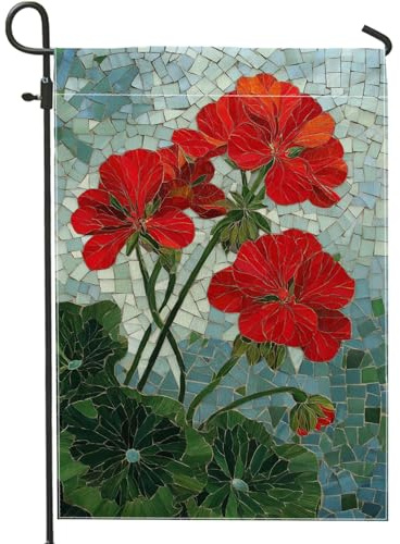 Bandiera da giardino con gerani rossi vivaci, striscione floreale estivo per la casa, bandiera a mosaico su entrambi i lati per decorazione esterna del prato, fiori per feste di festa, 30,5 x 45,7 cm