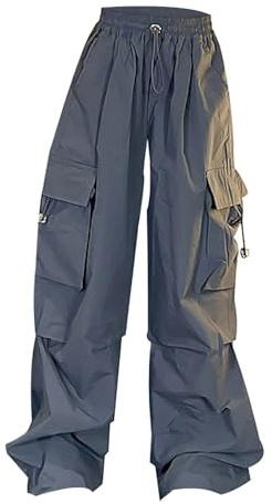 Mjjsk Flickor elastisk midja lastbyxor barn säckiga fallskärmsbyxor lediga lösa byxor med fickor streetwear mode vida ben byxor, Grå, 11-12 År