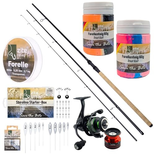Zite Fishing Sbirolino Forellen Komplettset | 360 cm Sbiro Rute 3–25 g | Spinnrolle 3000 | 550 m 0,20 mm Monoschnur | Teig, Sbiros & Zubehör