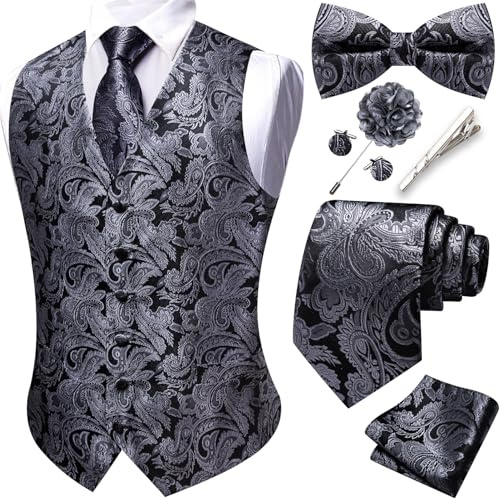 Barry.Wang Herren-Paisley-Weste, formelle Anzugwesten, Krawatte, Fliege, Set, Jacquard-Clip, Einstecktuch, Manschettenknöpfe, Anstecknadel, Hochzeit, 8 Stück