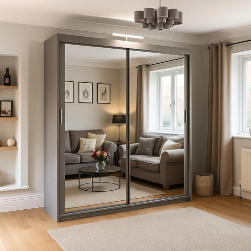ALASKA Sliding Mirror Wardrobe, 2-3 Doors, Multiple Sizes & 6 Colours Available 120/150cm/180cm/203cm/250cm White-Black-Grey-Walnut-Wenge-Oak (Grey, 150cm)