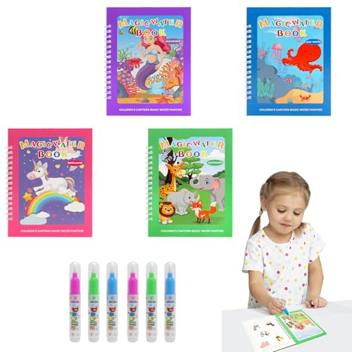 HENGBIRD 4 Stück Aqua Doodle Malbuch ab 3 mit Wasserstift, Wassermalbuch für Jungen & Mädchen, Water Wow Malbuch ab 3 Jahre, Sauberes Malen unterwegs, Wiederverwendbar