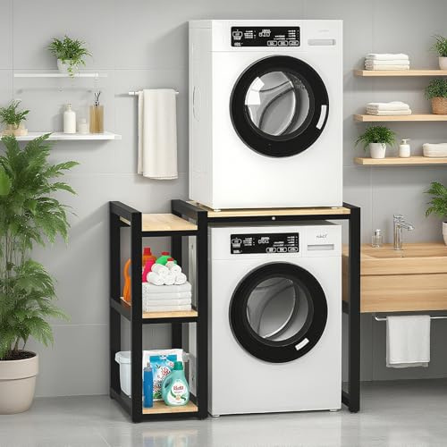 Waschmaschine Und Trockner Aufbewahrungsregal, Regal Waschmaschine Überbau Toplader Mit Seitlichen Ablagen, Höhenverstellbar, Für Badezimmer Küche Balkon Waschküche(Black)
