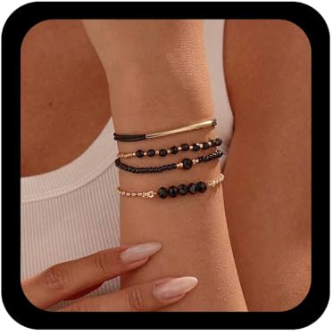 Allereya Boho Onyx Faceted Bead Bracelet Black Seed Bead Bracelet Layered Gold Stackable Beaded Bracelets Tube Leather Bracelets Black Crystal Hand Chain Elastic Rice Beaded Jewelry for Women