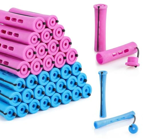 GWEOR Lot de 40 Bigoudis Flexibles sans Chaleur - 20 Pièces Violettes et 20 Bleues - Rouleaux de Cheveux en Cuir Souple pour Boucles et Ondulations Naturelles - Accessoires Coiffure DIY