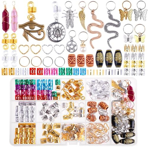 Joyeee Set de Charms Capillaires Symboles Mystiques – Œil d’Horus Soleil Serpent Pentagramme Cristal Spirales Or Argent 239PCS Kit en Boîte