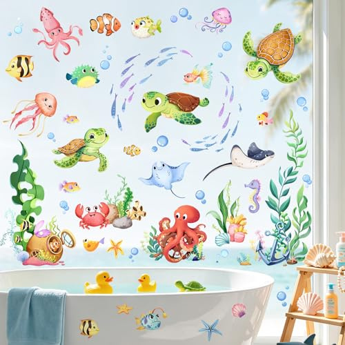 Supzone Fensterbilder Kinderzimmer Schildkröte Seegras Fensteraufkleber | Unter dem Meer Ozean Unterwasser Selbstklebend Fenstersticker Sommer Anti-Kollision Badezimmer Fensterdeko
