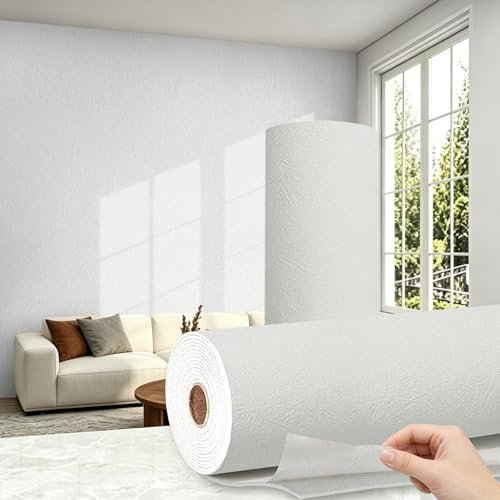Trafagala Thick Self Adhesive Thermal Wallpaper Damp Proof Foil Backed Wallpaper Mould Resistant Waterproof Insulated Wall Covering Roll 3D White Textured Peel and Stick to Cover Bad Walls