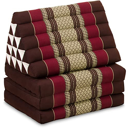 livasia Thaikissen 3 Auflagen extrahoch - 185x55x8cm - Dreieckskissen mit Klappmatratze, Kapok, Jumbo Rückenkissen faltbar, Thaimatte Klappen, handgefertigt, Meditationskissen (Weinrot)