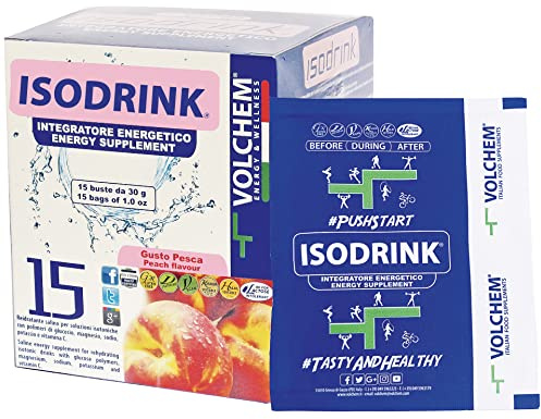 Volchem Isodrink, Integratore Alimentare di Sali Minerali e Maltodestrine, a Base di Polimeri di Glucosio, con Magnesio, Sodio e Potassio (15 Buste, Pesca)