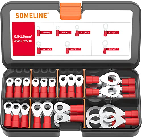 SOMELINE Cosse à œillet, connecteurs de câbles,cosse de 0.5 à 6 mm², diamètre du trou de M3 à M12, connecteur de câble PVC en cuivre étamé et en partie isolé bornes de connexion (0.5-1.5mm²)