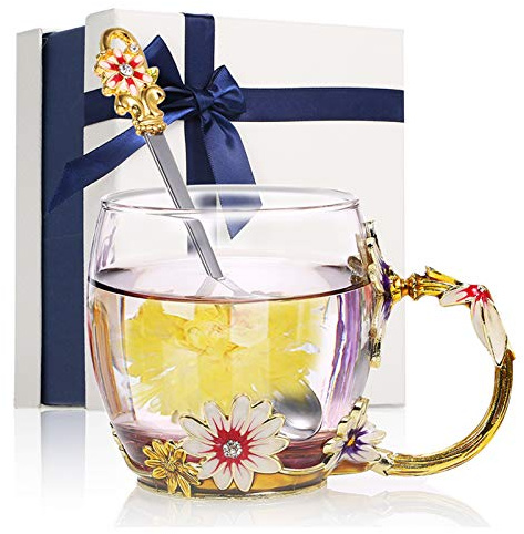 Decdeal Enamel Glass Mug, Flower Tea Cup Lead-Free Coffee Mug with Spoon&Cleaning Cloth&Gift Box,Gifts for Mum,Wife,Girl,Teacher on Birthday,Valentine's Day,Mother's Day,Wedding Anniversary,Christmas