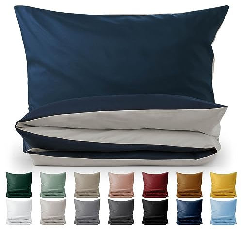 Blumtal Premium Extra Weiche Winter Bettwäsche Wendedesign 135x200 cm & Kissenbezug 40x80 cm - Bettbezüge Mikrofaser, 2 teilig, Moonlight grey - Grau / Dark ocean blue - blau
