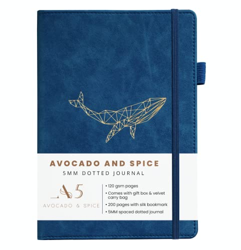 Avocado & Spice A5 Gepunktet Notizbuch, Reisetagebuch, Notizblock, Journal, A5 Hardcover Tagesplaner mit Geschenkbox & Samtbeutel - mit Lesezeichen, Gummiband, Stifthalter, 200 Seiten, (Blau)