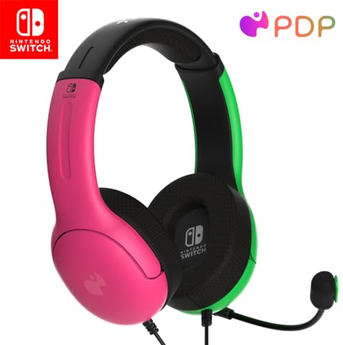 Pdp Gaming Lvl40 Stereo Casque avec Mic pour Nintendo Switch - Pc, Ipad, Mac, laptop Compatible - Noise Cancelling Microphone, Lightweight, Soft Compourt On Ear Headphones, 3.5 Mm Jack - Pink & Vert