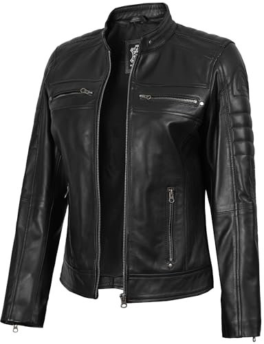 fjackets Chaqueta bomber de piel auténtica, cuello alto casual para motocicleta con capucha extraíble, Austin - Chaqueta de piel para mujer, color negro, L