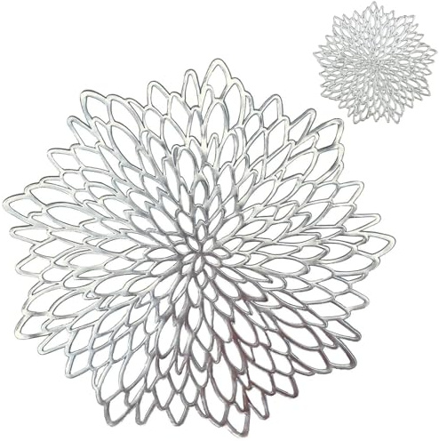 MI CASA Placemats and Coaster Set of 4, Silver Round Table Placemats Dining Table Mats Heat Resistant Anti-slip and Washable Place Mats for Christmas, Wedding, Dinner Parties, Restaurant, Hotel