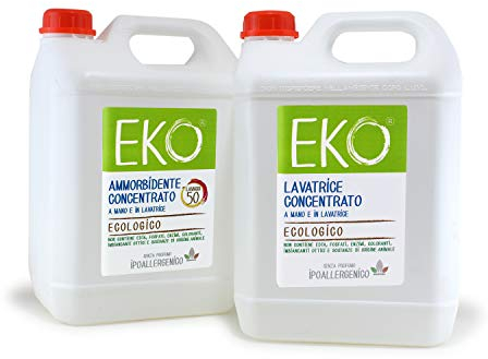 EKO Detersivo Ecologico Lavatrice (Kit 2 Maxi) 2 taniche 5 Litri (1 bucato e 1 ammorbidente) per 200 lavaggi (Senza profumo)