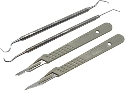 4er Set Entgitterhaken Entgitternadel mit 2 Skalpellen spitz gebogen scharf | Entgitterwerkzeug für Folien Plotter rostfreier Edelstahl - Plotterfolie Flexfolie Flockfolie - mit Federstahlspitze