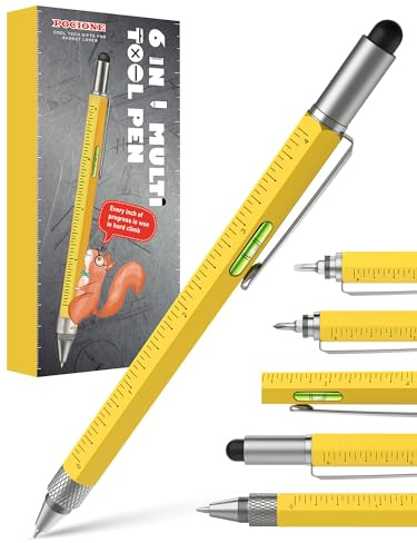 POCIONE Multi-tool Pen - 6 in 1 Cool Gadget for Men & Women - Yellow Aluminum with Phillips Screwdriver & Stylus - Perfect for Construction, Woodworking, Engineering & More