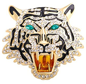 Broche bijou tête de tigre acier doré et starss cristal.