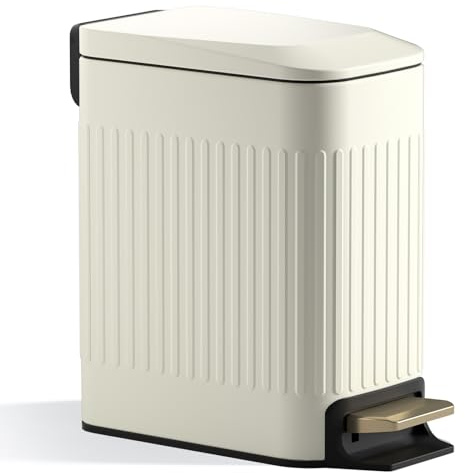 Small Bathroom Trash Can with Lid Soft Close-6L/1.6 Gal Slim Step Garbage Can-Metal Pedal Wastebasket-Narrow Rectangle Garbage Container Bin for Corner Office, Bedroom, Toilet, Live Room-Beige