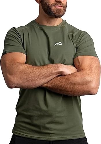 Natural Athlet Slim-Fit Fitness Tshirt für Herren – Enges & langes atmungsaktives Männer Kurzarm Gym T-Shirt – für Sport, Gym, Fitnessstudio, Workout, Bodybuilding und Krafttraining – Olive
