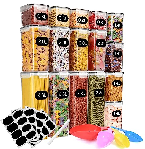 Revivoer Vorratsdosen mit Deckel, 16 Behälter Set mit Farbmesslöffel, Aufkleber und Stift, Müsli und Gewürze in Vakuumdichten Luftdicht Küchen Vorratsbehälter, Platzsparende Küchenaufbewahrung