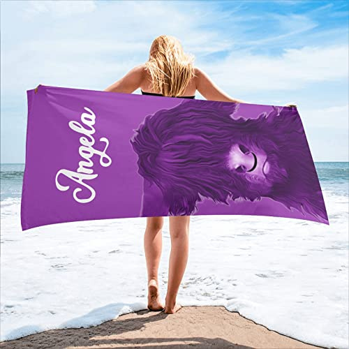 XOZOTY Personalized Cool Cow Purple Beach Towel with Name Summer Yoga Mat for Sport Baketball Baseball Gift 30 x 60 inches,2 Sides Printed