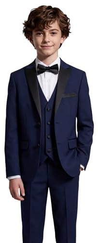 Boys Pageboy Tuxedo Dinner Suit, 5 Piece Complete Wedding Prom Outfit in Navy Blue Size 14 Years