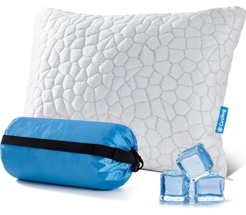 QUTOOL Cooling Pillow for Sleeping, CertiPUR-US Shredded Memory Foam Camping Pillow Set of 1, Backpacking for Hiking Gear, Portable Pillow with Travel Storage Bag, Soft Yet Support,White