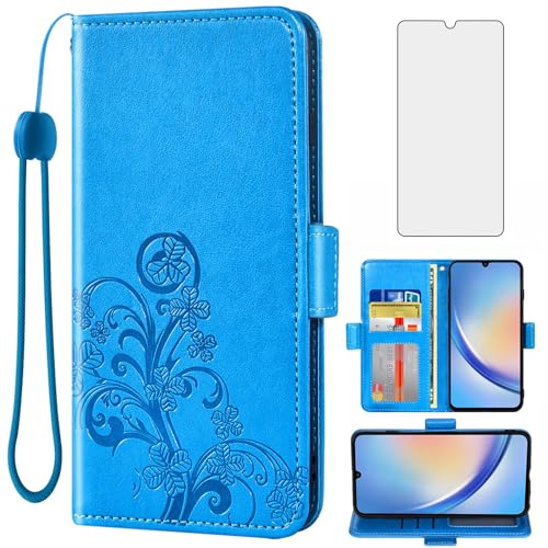 Asuwish Compatible with Samsung Galaxy A34 5G Wallet Case and Tempered Glass Screen Protector Flip Purse Accessories Wrist Strap Credit Card Holder Stand Cell Phone Cover for A 34 34A Women Men Blue