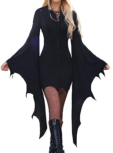 Halloween Kostüm Damen Fledermaus Kleid- Gothic Kleidung Damen Kleider -Mittelalter Kleid Damen Fledermausärmel Punk Vintage V-Ausschnitt Bandage Slim Fit Sexy Kleid für Frauen Karneval Cosplay Party