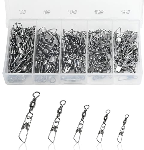 Realure 100/200 Stück Wirbel Angeln Forellen Angeln Wirbelkarabiner Edelstahl Angelwirbel Mit Karabiner Fischköder Angel Wirbel fur Salzwasser Wirbel, Angelzubehör Wirbel 5 Größe 7# 8# 10# 12# 14#