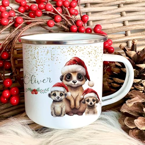 Kinder Emaille Tasse Weihnachten für Mädchen, Jungen, Teenager mit Namen Tiermotiv Weihnachtstasse I Personalisierte Geschenkidee Nikolaus Weihnachtsgeschenk Mitbringsel (Motiv Erdmännchen)