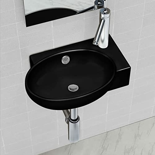 BaraSh Keramik Waschbecken mit Hahn/Überlaufloch Schwarz Rund Waschbecken Bad Aufsatzwaschbecken Rund