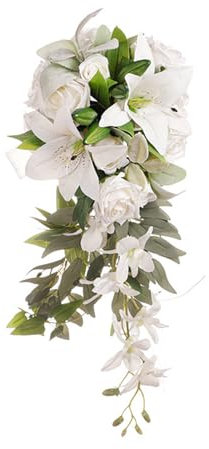INIFLM Tropfenförmiger Blumenstrauß für die Braut mit Blumen, Rosen-Hochzeitssträuße für die Braut, Künstlicher Blumenstrauß, Kaskadierender Brautstrauß für Hochzeit und(Weiße Lilien)