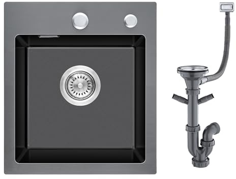 KINKIBOS 304 Stainless Steel Small Sink 35 x 40 cm, Drain Set,Grey-Black | Inset Kitchen Sink with Tap Hole and Overflow, 1 Bowl