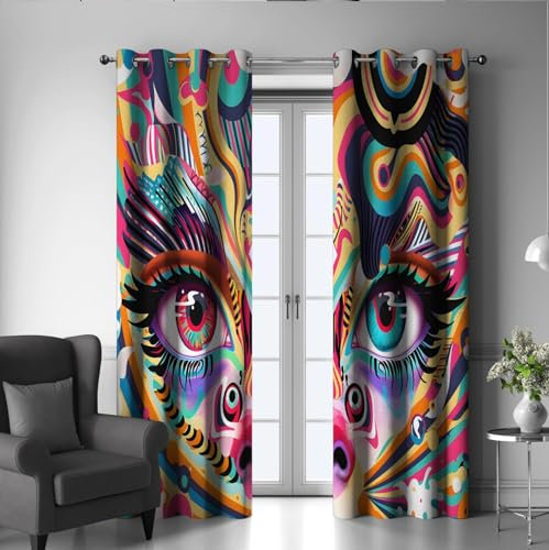 LANDOCROWN Bunte Tribal Ösen drapiert Moderne Trendige Mädchen Gesicht Graffiti Stil Schalldichter Verdunkelungsvorhang für Kinderzimmer Schlafzimmer Dekor 2X B140 x H220 cm