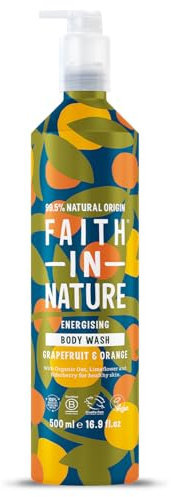Faith In Nature 500ml Metal Bottle Natural Grapefruit and Orange Body Wash, Energising Shower Gel, Vegan and Cruelty Free, No SLS or Parabens