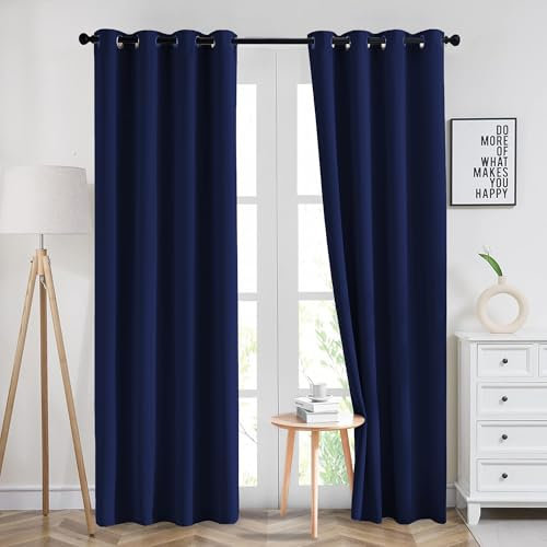 Imperial Rooms Eyelet Blackout Curtains for Living Room 66x72 Inch Navy Bedroom Curtains Super Soft Thermal insulated Curtain 2 Panels with Tiebacks