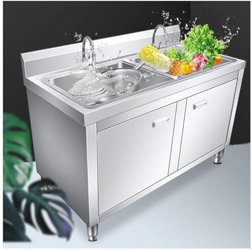 Edelstahl-Doppelspüle Freistehender Spülschrank Multifunktionsspüle Mit Wasserhahn Doppeltür-Spülenschrank Mit Großem Stauraum Küchenspüle(100x50x80cm)