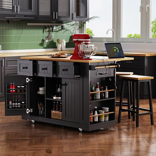 Merax 53 Kitchen Cart Island on Wheels with Power Outlet,Drop Leaf,3 Drawers and 5 Open Side Racks,Wood Frame Storage Cabinet