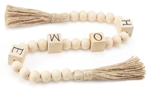 Huakaile 29.5 Inch Home Block Sign Wood Bead Garland with Tassels, Farmhouse Letter Decorative Beaded Garland, Rustic Wooden Beads Decor for Shelf Tray Coffee Tabletop Mantel Table (Beige)