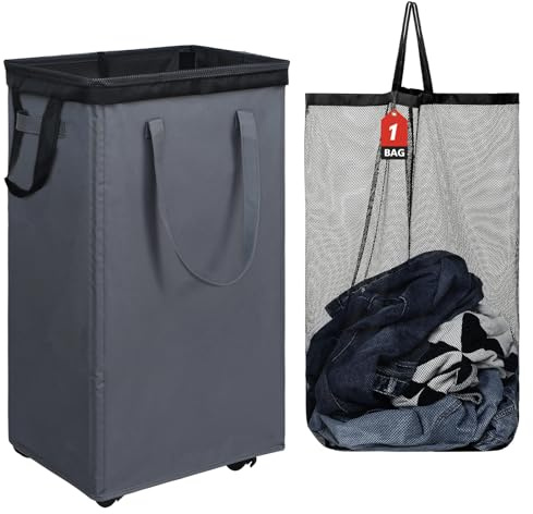 DOKEHOM 90L Grande Cesto per la Biancheria con Sacco Lavabile Rimovibile su Ruote, Cesto per la Biancheria con Ruote Pieghevole, Organizzatore di Vestiti Pieghevole (Grigio) | Cesto portabiancheria pieghevole con borsa rimovibile in rete. Portabiancheria pieghevole ad alta capacità