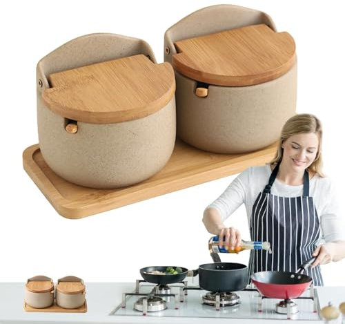 salero con tapa, recipientes de sal para encimera - 2 saleros de cerámica con cuchara de madera y tapa - Caja de condimentos, tarro de almacenamiento de condimentos de cocina, soporte de sal para most
