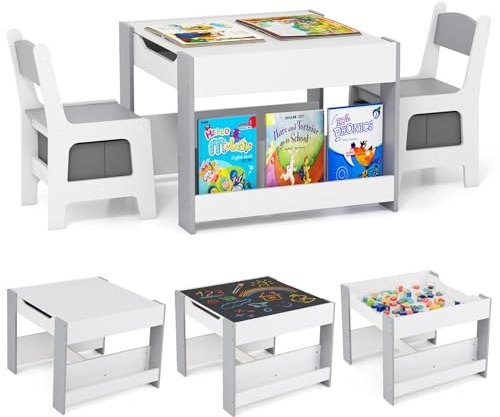 COSTWAY Set Tavolino Bambini con 2 Sedie per 3+ Anni, Tavolo e Sedie 4 in 1 con Lavagna Rimovibile, Librerie e Scatola in Tessuto, Mobile Salvaspazio per Scuola e Cameretta (Bianco e Grigio, Stile 1)