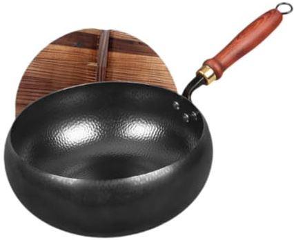 Qianly Sartén Wok de Hierro de Fondo Plano Wok Chino Utensilio para Cocinar con Superficie Lisa Sin Revestimiento Químico Adecuado para Uso Diario Y Comidas, con Tapa, Individual
